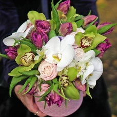 Bouquet in a hatbox with palinopsia and tulips Bouquet in a hatbox with palinopsia and tulips